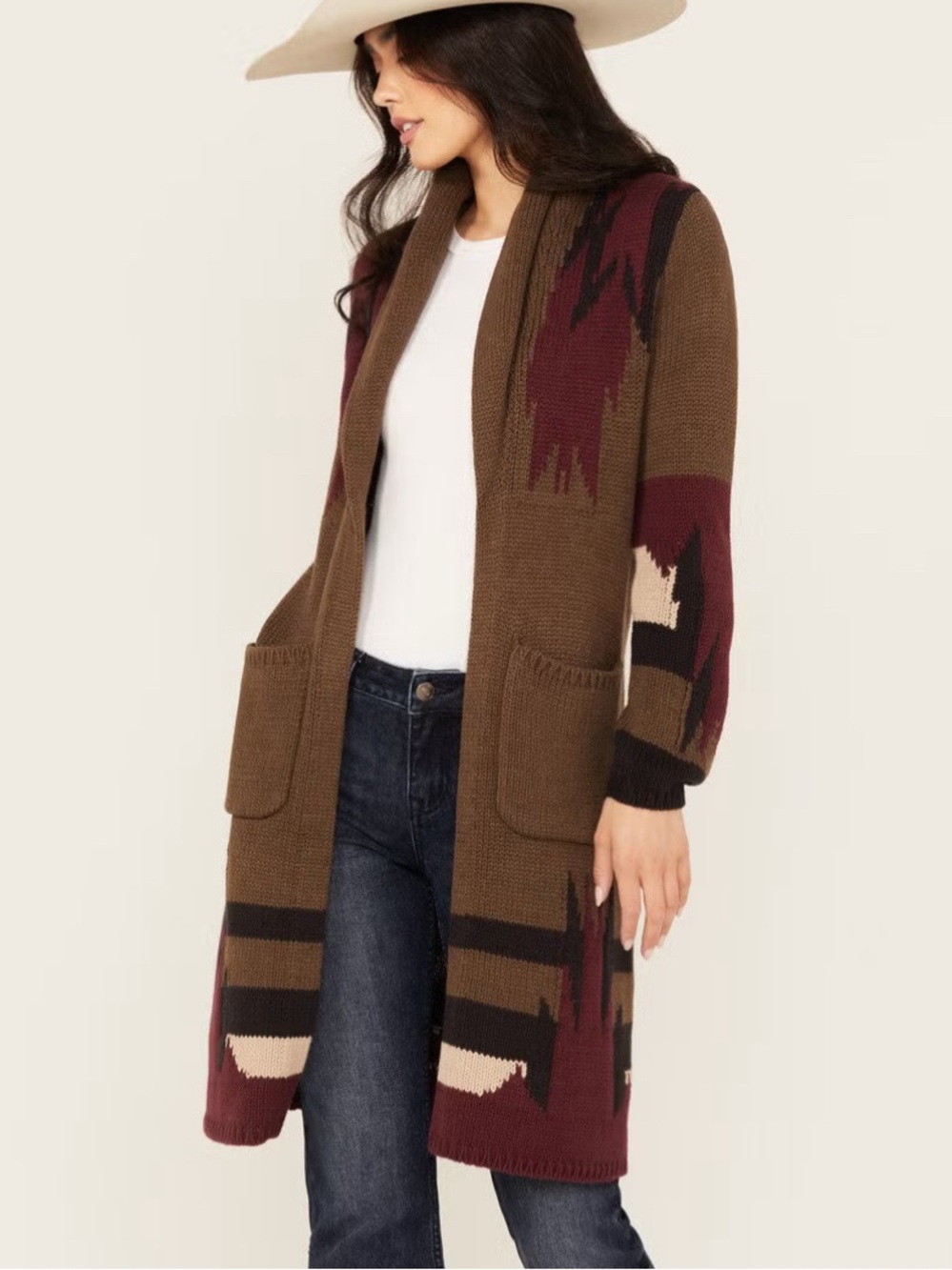 Shyanne women’s Brown and Burgundy Open-Front Patterned Long Cardigan Sweater